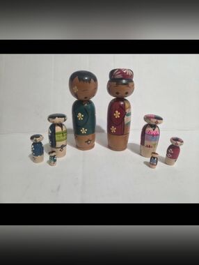 Japanese Kokeshi Vintage Nodder 9pc Nesting Wooden Doll Set Tohoki Region